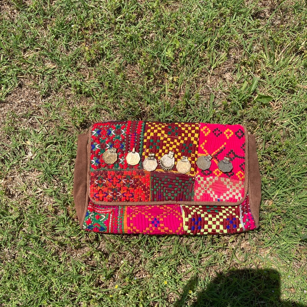 Ishka leather clutch banjara embroidery fabric coins India purse